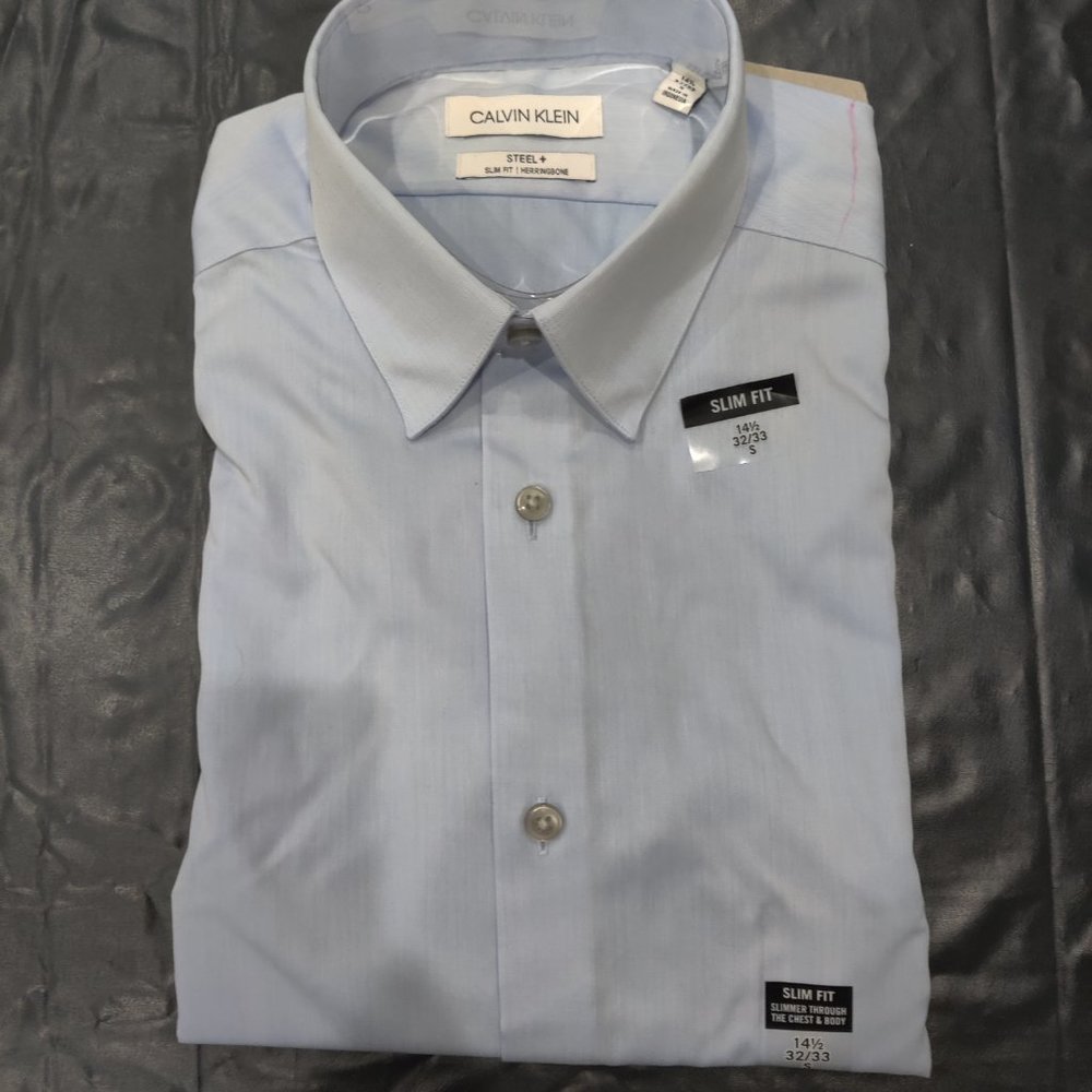 SOILED Calvin Klein Mens Slim Fit Herringbone Dress Blue Sz 14.5 32/33 $75 2A147